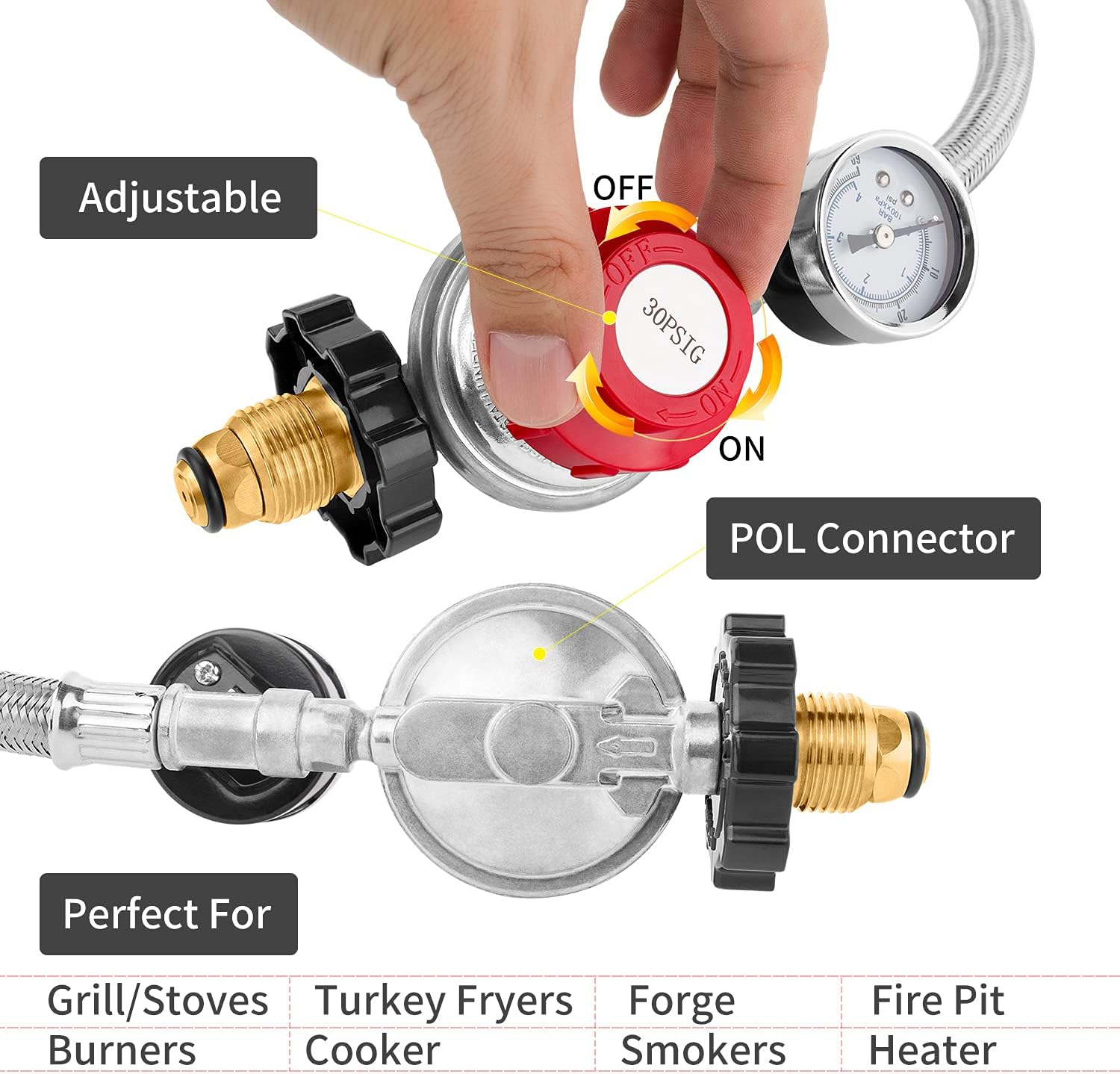 12 Foot High Pressure Adjustable Propane Regulator 0-30 PSI with Gauge 0~60PSI Gas Flow Indicator