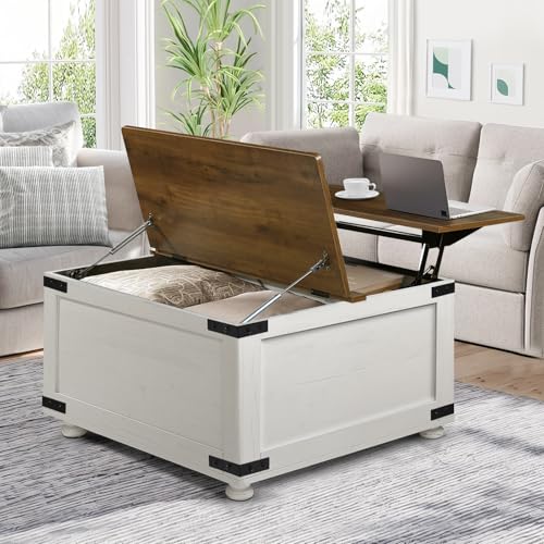 Farmhouse Coffee Table with Storage, Lift Top Coffee Table with Large Hidden Storage Space, Square Coffee Table with Hinged Lift Top