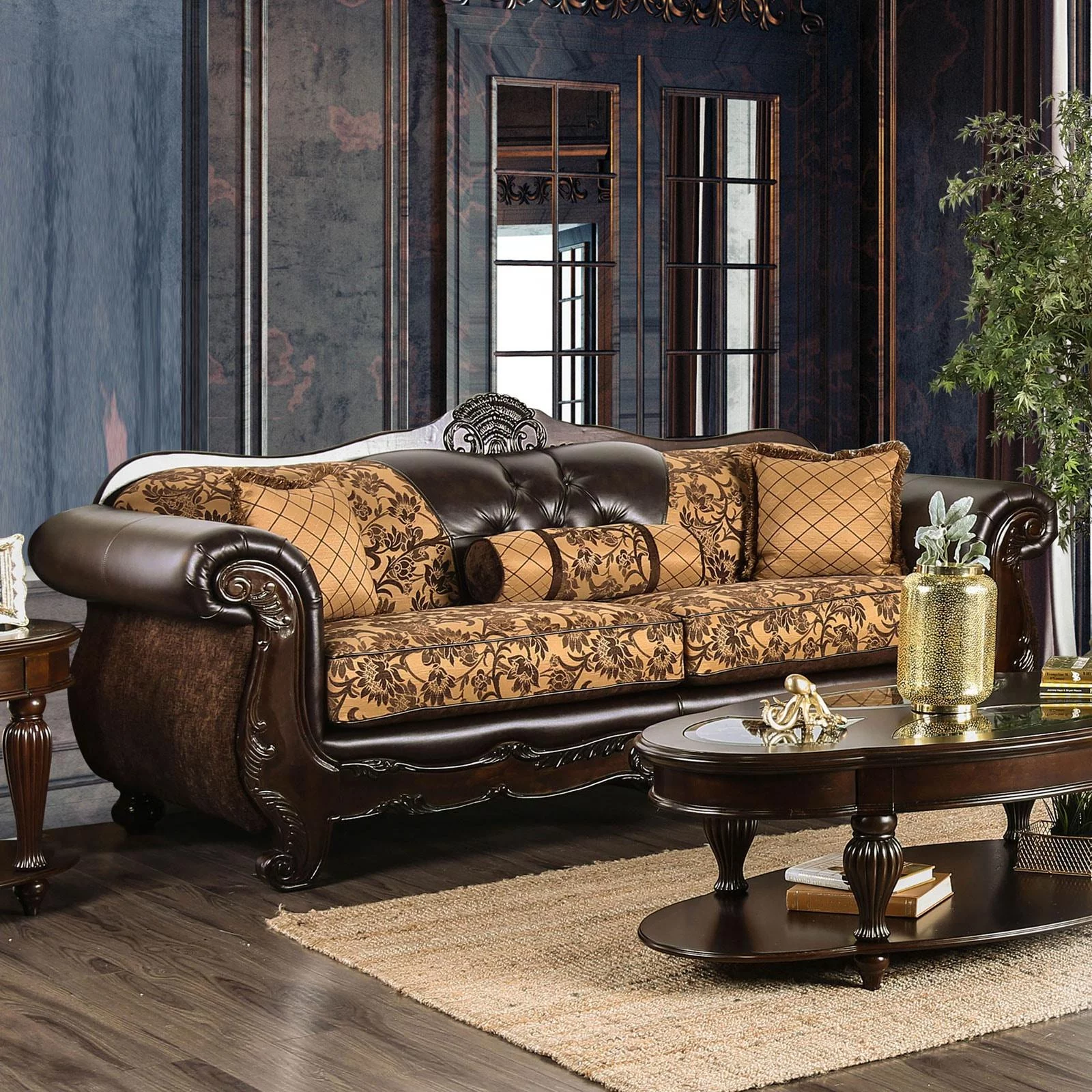 Traditional Tan & Dark Brown Chenille Sofa and Loveseat FOA Quirino