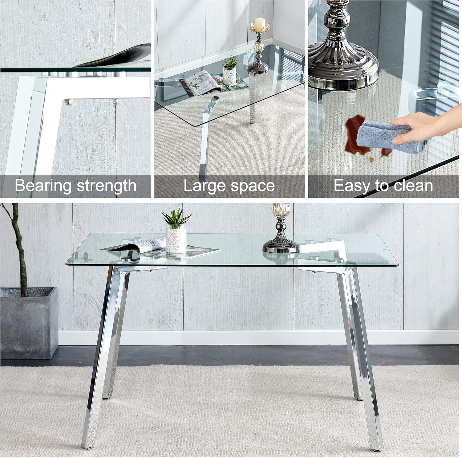 Modern Minimalist Rectangular Glass Dining Table | 0.31" Tempered Glass Top | Silver Metal Legs | Versatile Writing Desk | Easy Assembly