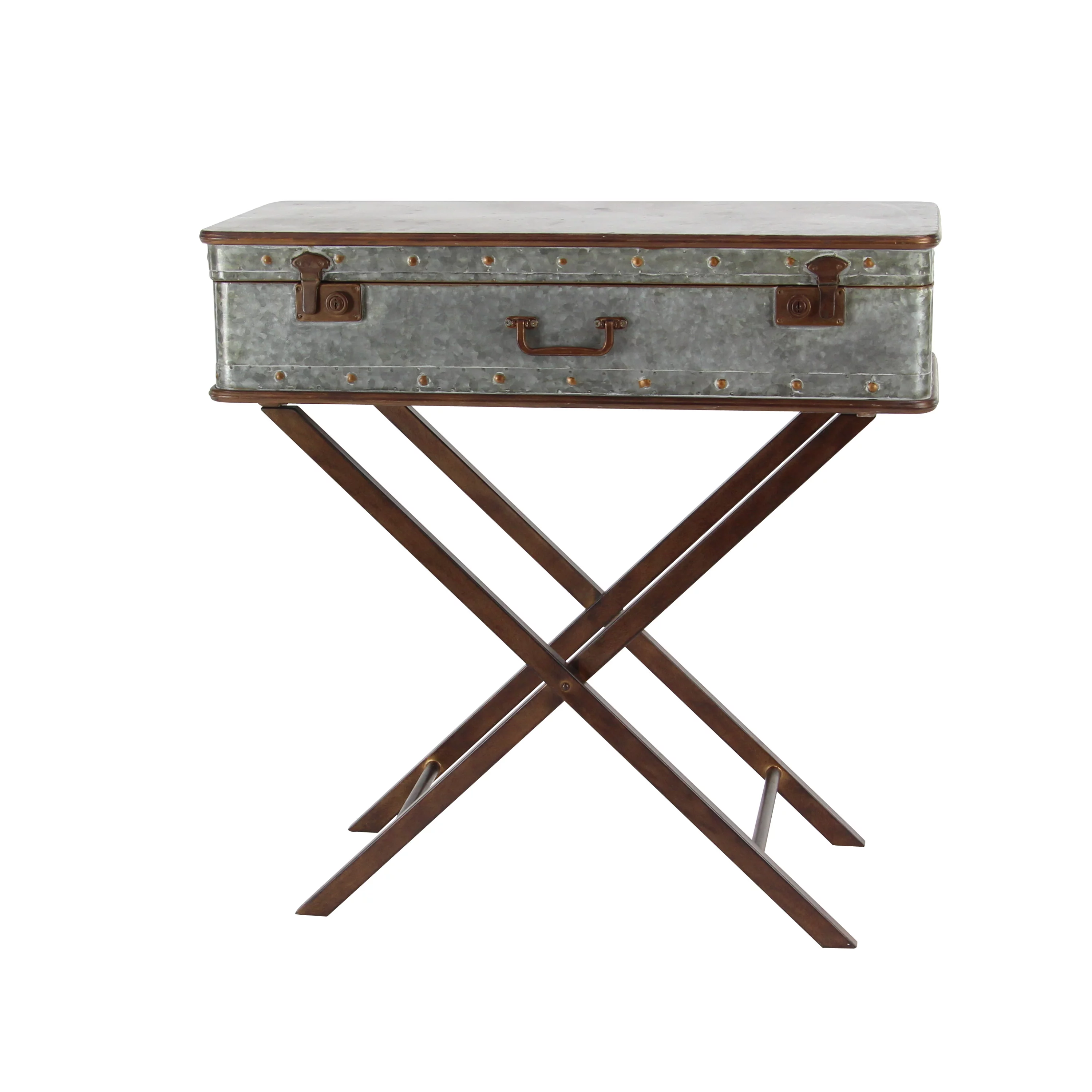 DecMode 32" x 32" Gray Metal Accent Table with Suitcase Style Top, 1-Piece