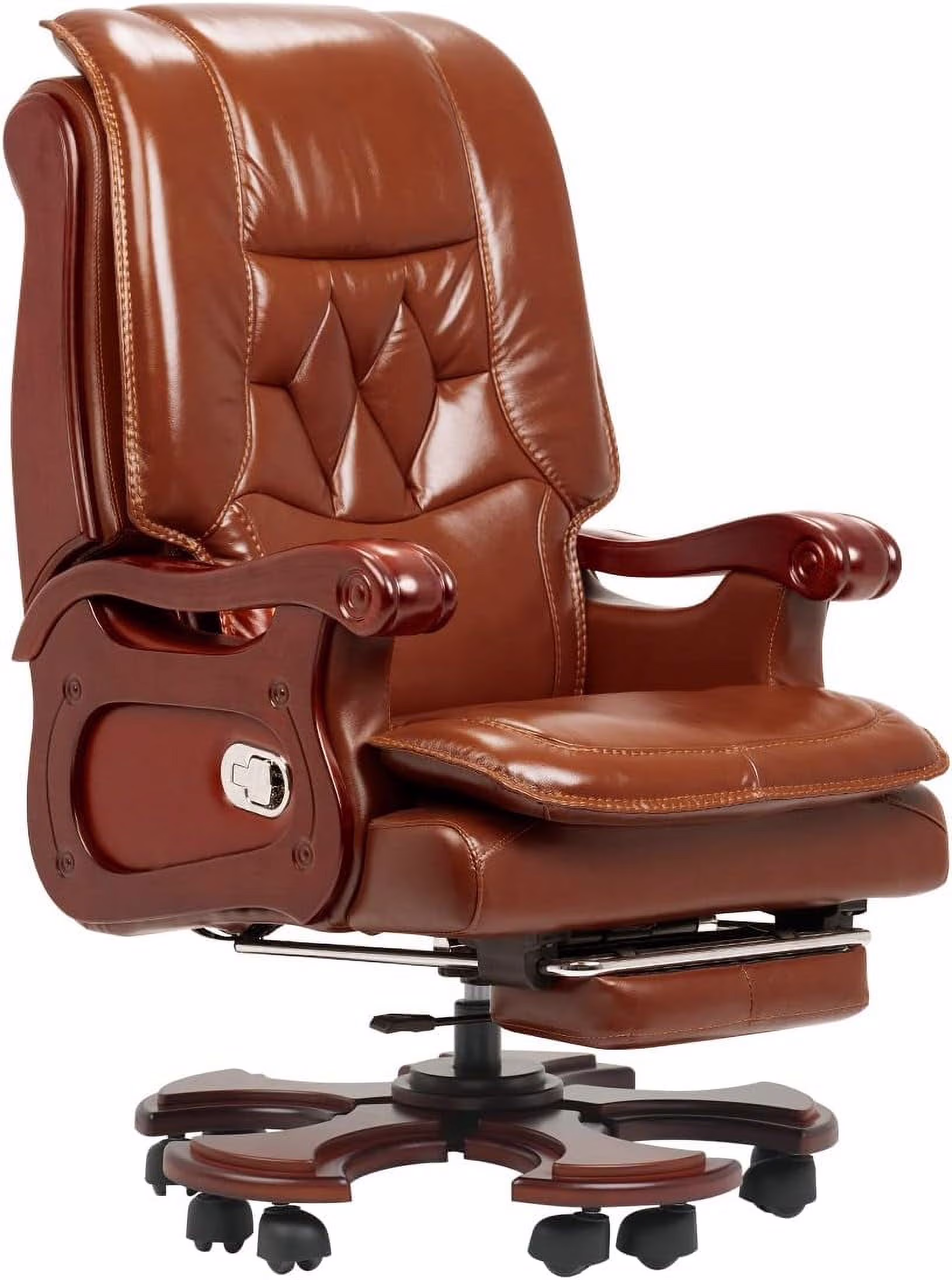 Kinnls Evan Massage Office Chair with Footrest Genuine Leather Vintage Managerial Executive Chair Fully Reclining with Solid Wood Handrail
