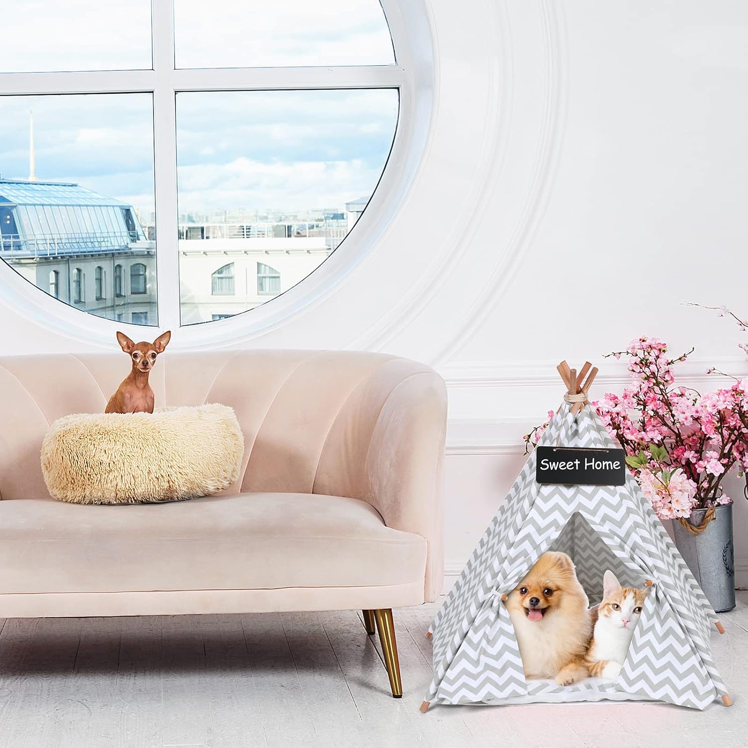 Dog Cat Teepee Tent, Pet Teepee Tent for Dogs and Cats, Dog Cat Bed House for Small Medium Cats and Dogs with Cushion