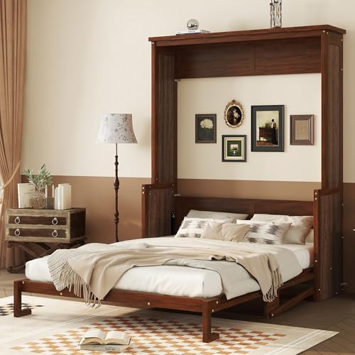 KEIKI Queen Size Murphy Bed with Desk, Horizontal Wood Wall Bed Cabinet with Gas Struts, Space-Saving Folding Bed for Bedroom, Living Room