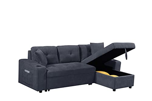 Sectional Sofa Sleeper with Pull Out Bed and Reversible Chaise Lounge, Modern L-Shaped 3-Seat Couch SofaBed with Cupholders