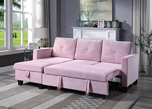 Bibury Reversible Sleeper Sectional Sofa with Storage Chaise in Velvet Fabric (Pink)