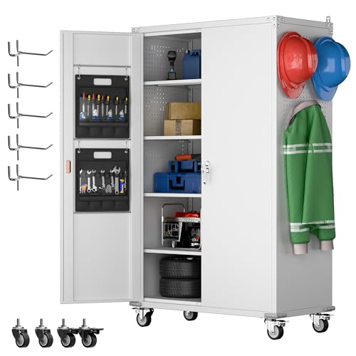 71" Metal Storage Cabinet with Wheels and Pegboard, Lockable Rolling Steel Storage Cabinet with 5 Adjustable Shelves and Door for Garage, Office