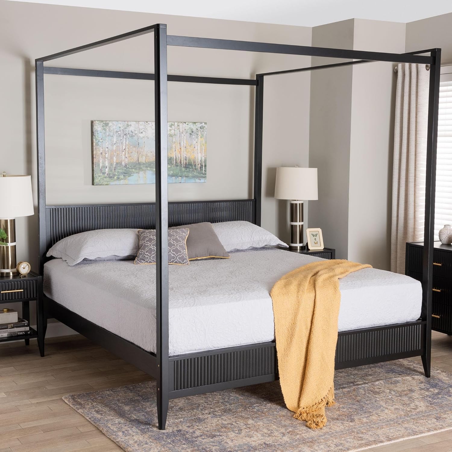 Baxton Studio Primrose Fluted Wood Canopy Bed, King, Black