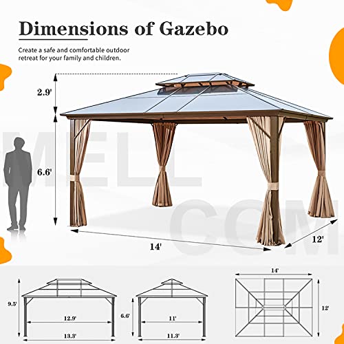 MELLCOM 10'x13' Hardtop Gazebo with Polycarbonate Double Roof, Aluminum Frame Outdoor Gazebo Permanent Pavilion with Curtains and Netting for Patio