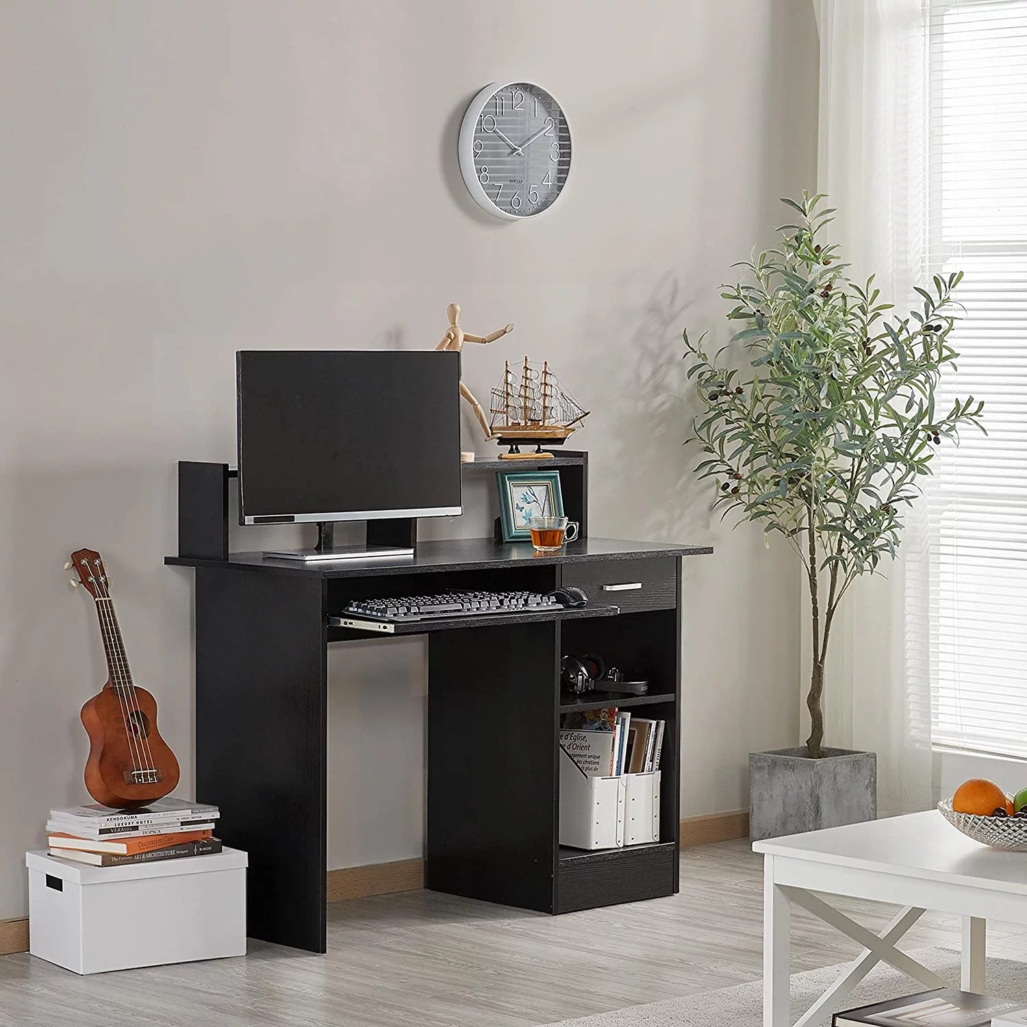 Home Office Wood Computer Desk with Keyboard Tray and Drawers, Students Writing Table with Storage Drawers & Hutch, Modern PC Laptop Desk