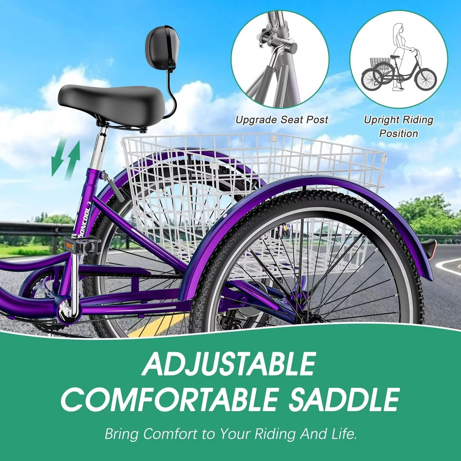 MOPHOTO 7 Speed Adult Tricycle 26 in/24in/20in, Trikes for Adults, Adult Tricycle with Basket & Dual Braking System, Adult Trikes for Women, Men
