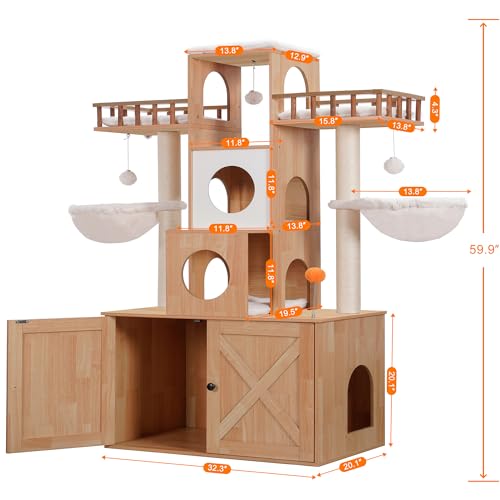 Heybly Cat Tree with Litter Box Enclosure for Indoor Big Cat, Cat Tower for Large Cats 20 lbs Heavy Duty