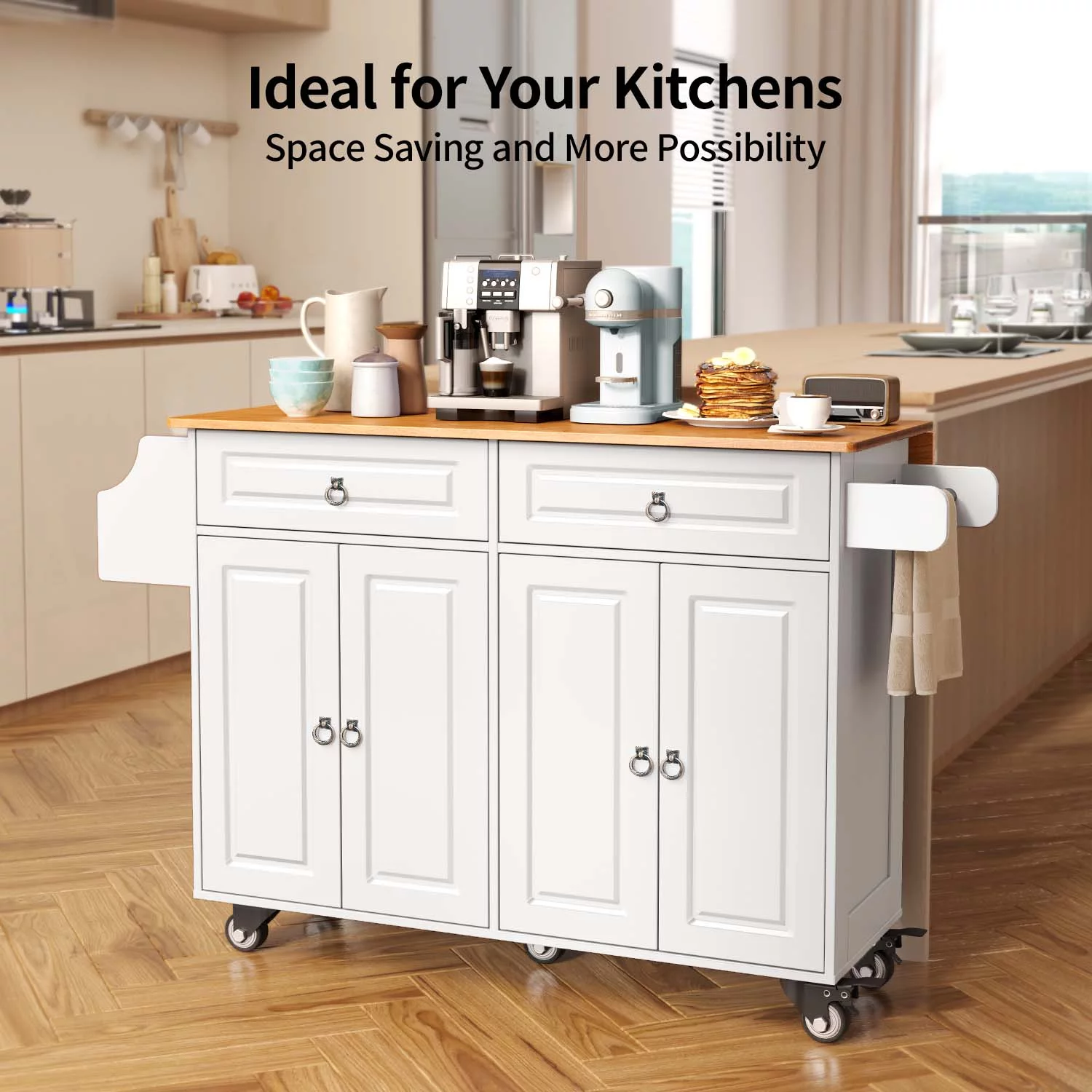 Lofka 52" Kitchen Island with Storage, Kitchen Cart with Drop Leaf, White