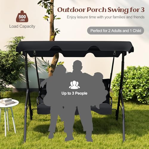 Tangkula 3 Person Porch Swing, Patio with Removable Cushion & Powder-Coated Steel Frame, Outdoor Swing with Canopy for Porch, Backyard, Garden