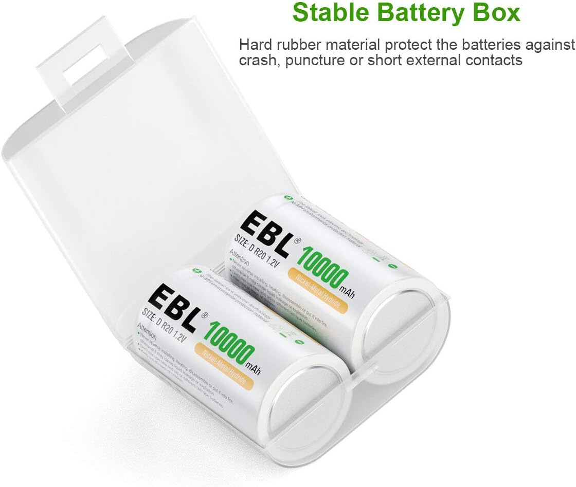 EBL D Cells 10000mAh Rechargeable Batteries (4 Counts) with C D 9V AA AAA Battery Charger Pack of 2
