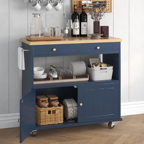 Rolling Kitchen Island with Storage Cabinet, 35.4'' Width Kitchen Cart, 2 Drawers Island Table, Portable Mobile Kitchen Island with Towel Rack