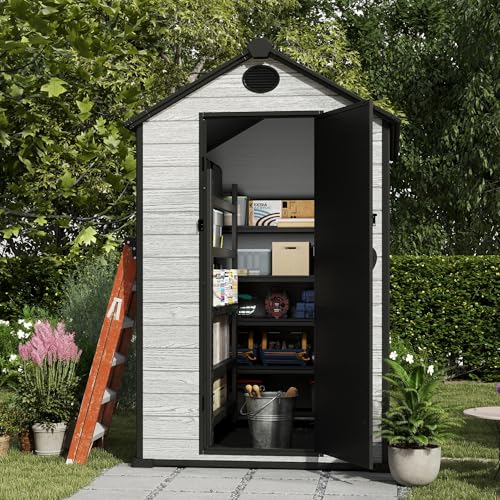 4.4x6 FT Resin Outdoor Storage Shed, 230 Cuft Garden Tool Sheds & Outdoor Storage Plastic Shed with Floor