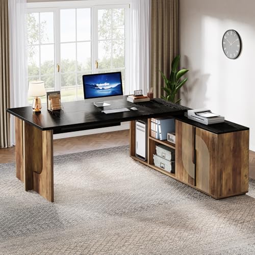 Tribesigns 74.8" Executive Desk, Large Office Desk with Cabinet, L Shaped Computer Desk with Shelves and CPU Storage