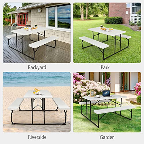 GYMAX Picnic Table, 550 LBS Folding Picnic Tables with Benches & Seats, Weather-Resistant Easy Setup Portable Picnic Table