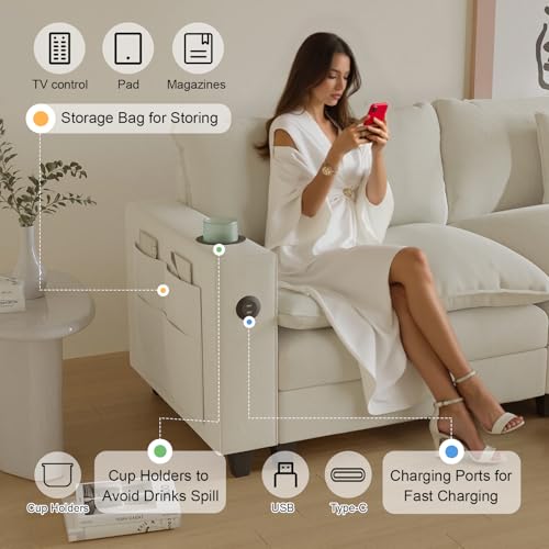 Modular Sectional Sofa, Cloud Couch with Ottoman, Charging Station, Throw Pillows, Cup Holders, Modern Convertible U Shaped Couches for Living Room