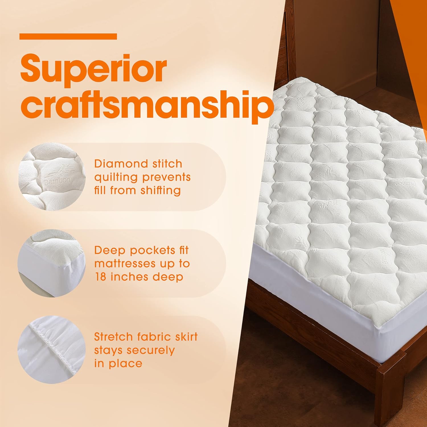 Cheer Collection Soft and Plush Bamboo Fitted Mattress Topper - California King - Plush Eco Friendly Protector Cover for Bedding