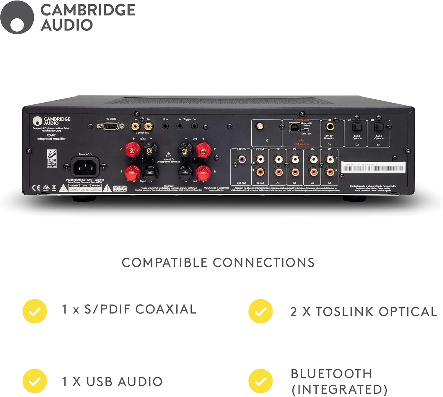 Cambridge Audio CXA61 Stereo Two-Channel Amplifier with Bluetooth and Built-in DAC - 60 Watts Per Channel (Lunar Grey)