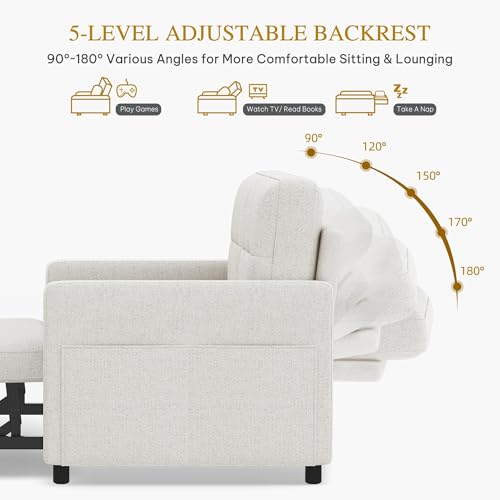 DWVO 55" Convertible Sofa Bed, 3-in-1 Sleeper Sofa with Pull-Out Bed, Linen Futon Couch with Adjustable Backrest and Side Pocket