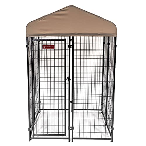 Stay Series 4 by 4 by 4.3 Feet Studio Jr. Black Powder Coat Steel Frame Outdoor Dog Kennel with Waterproof Canopy Roof and Gate Door, Khaki