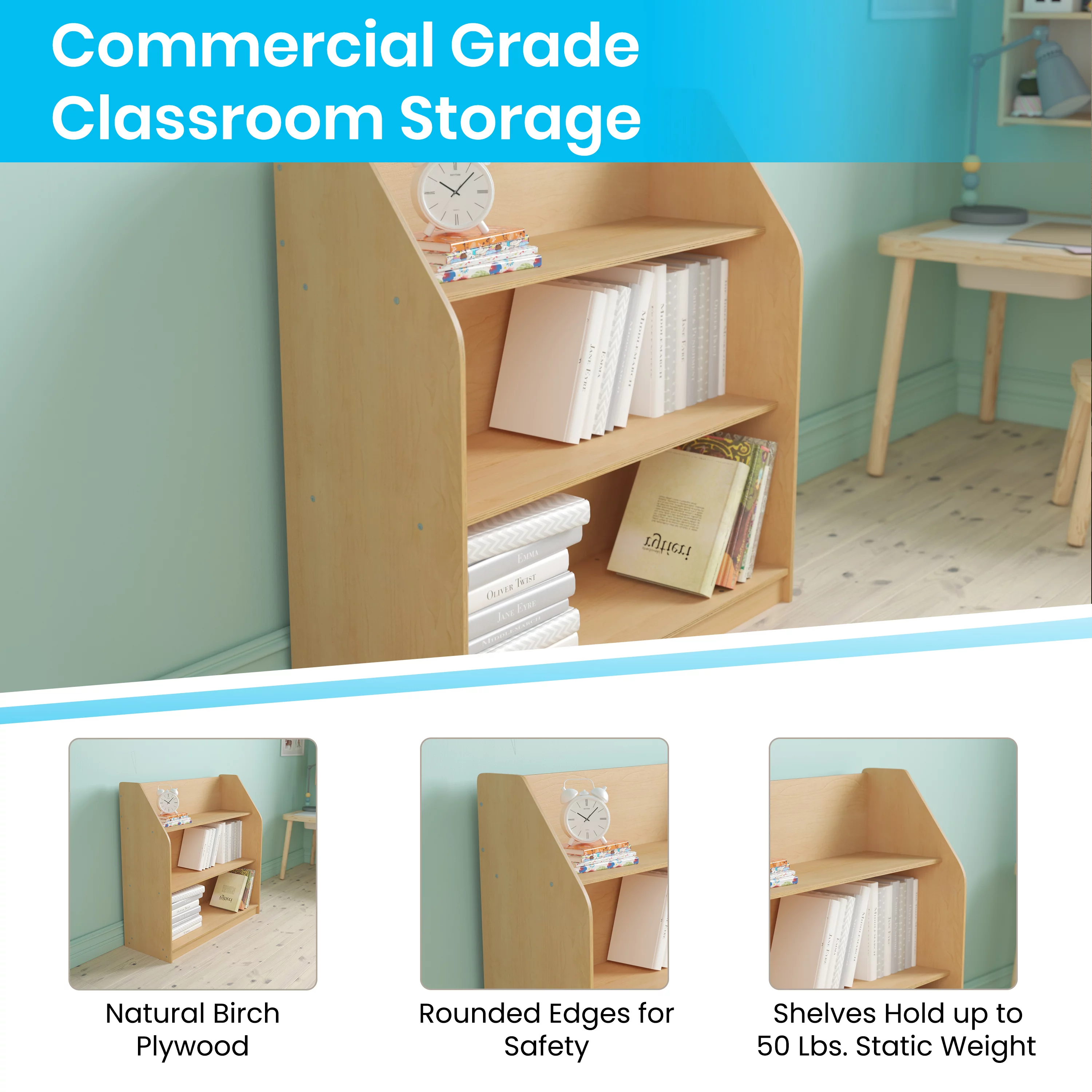 BizChair Natural Wooden 3 Shelf Book Display with Safe, Kid Friendly Curved Edges - Commercial Grade for Daycare, Classroom or Playroom Storage