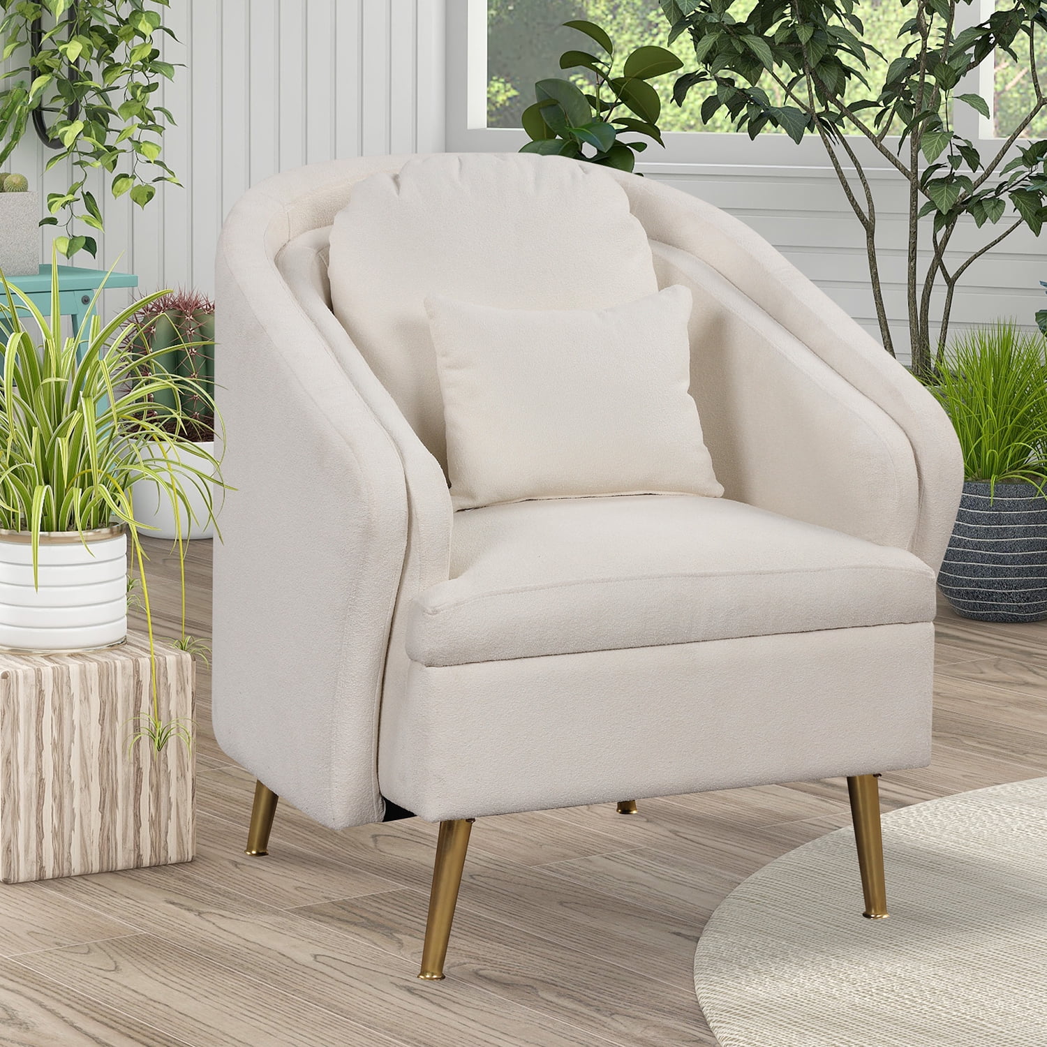 Churanty Barrel Accent Chair Elegant Velvet Tub Chair with Arm,Metal legs and Pillow for Living Room Bedroom,White
