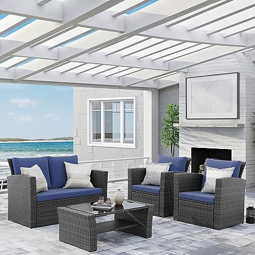 Wisteria Lane 4 Piece Outdoor Patio Furniture Sets, Wicker Conversation Set for Porch Deck, Gray Rattan Sofa Chair with Cushion
