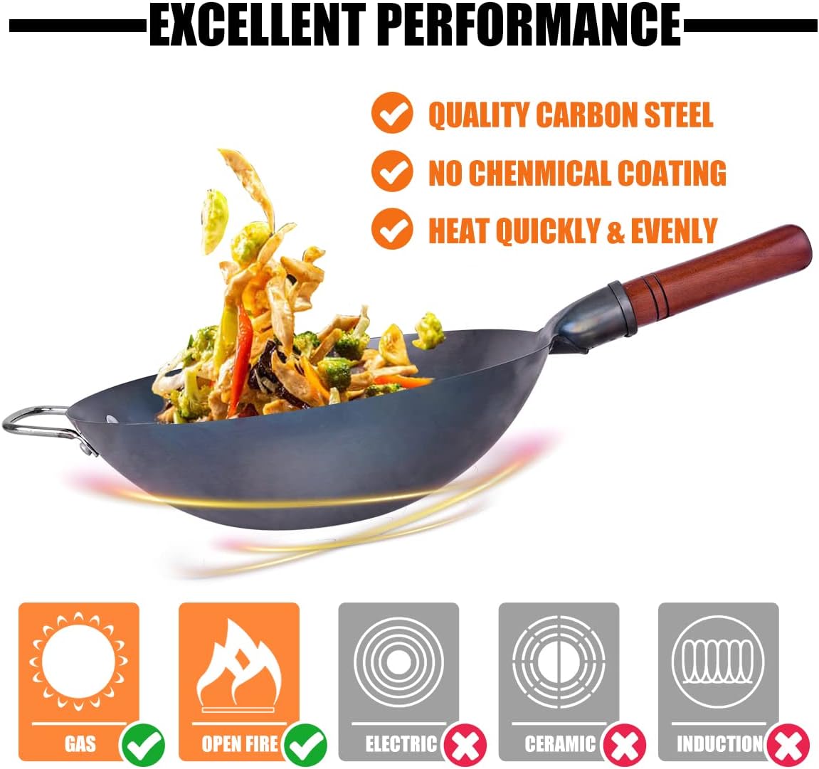 Carbon Steel Wok Traditional Hand Hammered Wok - 13.4” Chinese Wok Round Bottom Wok Pan Set with 8 Pcs Cookware Accessories