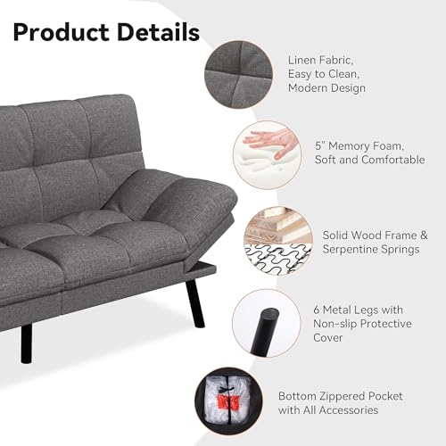 71" Convertible Futon Sofa,Faux Leather Futon Couch Bed,Sleeper Sofa Bed,Memory Foam Modern Folding Small Loveseat for Living Room,Office,Apartment
