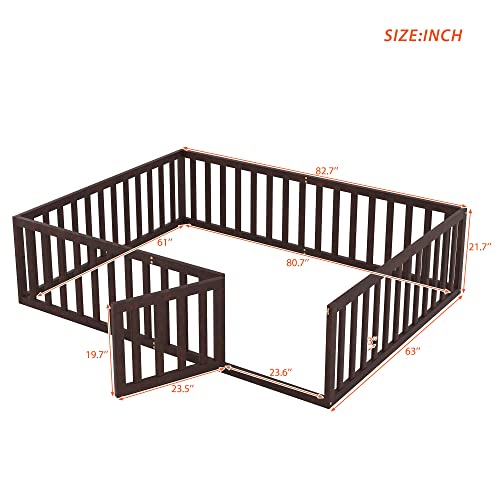 Twin Size Floor Bed Frame with Safety Fence and Door, Solid Wood Toddler Floor Bed with Fence, Twin Montessori Floor Bed Frame for Kids Girls Boys