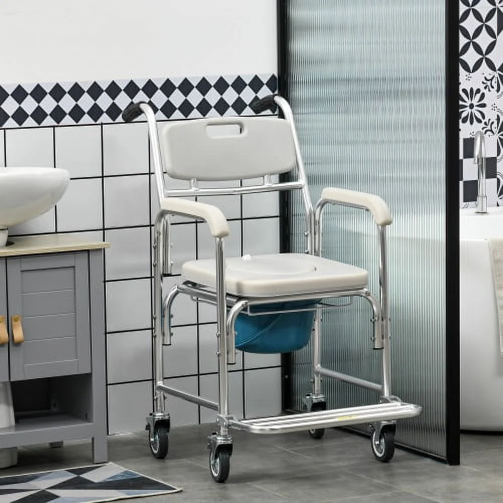 HOMCOM 3-in-1 Shower Commode Wheelchair, Transport Beside Commode Chair