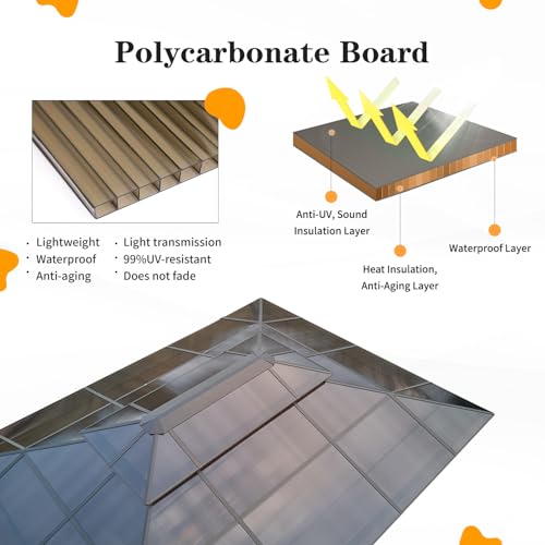 YOLENY 10'x13' Hardtop Gazebo, Outdoor Polycarbonate Double Roof Canopy, Aluminum Frame Permanent Pavilion with Curtains and Netting