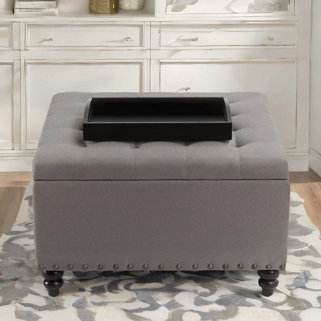 HUIMO 30" Large Square Coffee Table Lift Top Storage Ottoman Bench in Upholstered Tufted Toy Box, For the Living Room, Bedroom (Grey-tray)