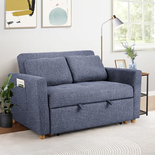 SEJOV 3-in-1 Convertible Sofa Bed, Linen Fabric Sleeper Couch Pull Out Bed, 49" 2-Seater Loveseat Futon Sofa with Spring Support