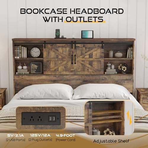 HOWE King Size Bed Frame, Wood Platform Bed Frame with 51.2" Bookcase Headboard, Storage Bed with Sliding Barn Door Charging Station 2 Drawers