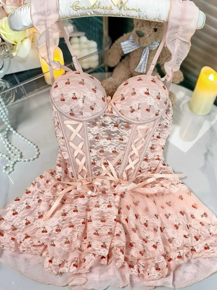 'Cherry Diary' Ruffle Coquette Cherry Ribbon Lingerie Dress