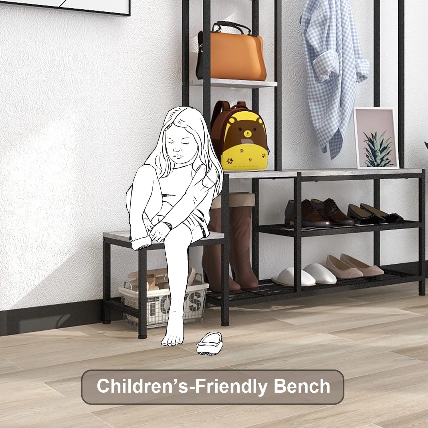 YGDU Hall Tree with Shoe Storage Bench, Coat Rack with 7 Hooks,Interchangeable 4 Tier Side Storage Shelves, Small Cute Side Bench