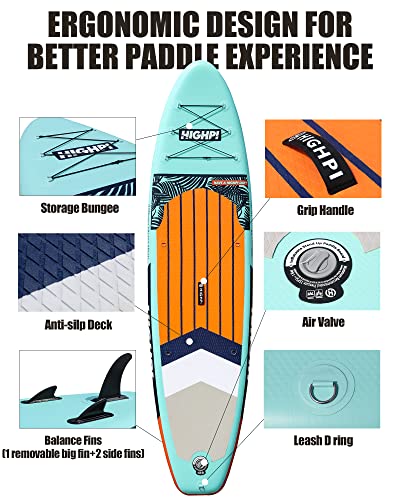 Highpi Inflatable Stand Up Paddle Board Premium SUP Accessories, Backpack, Wide Stance, Surf Control, Non-Slip Deck, Leash, Paddle and Pump