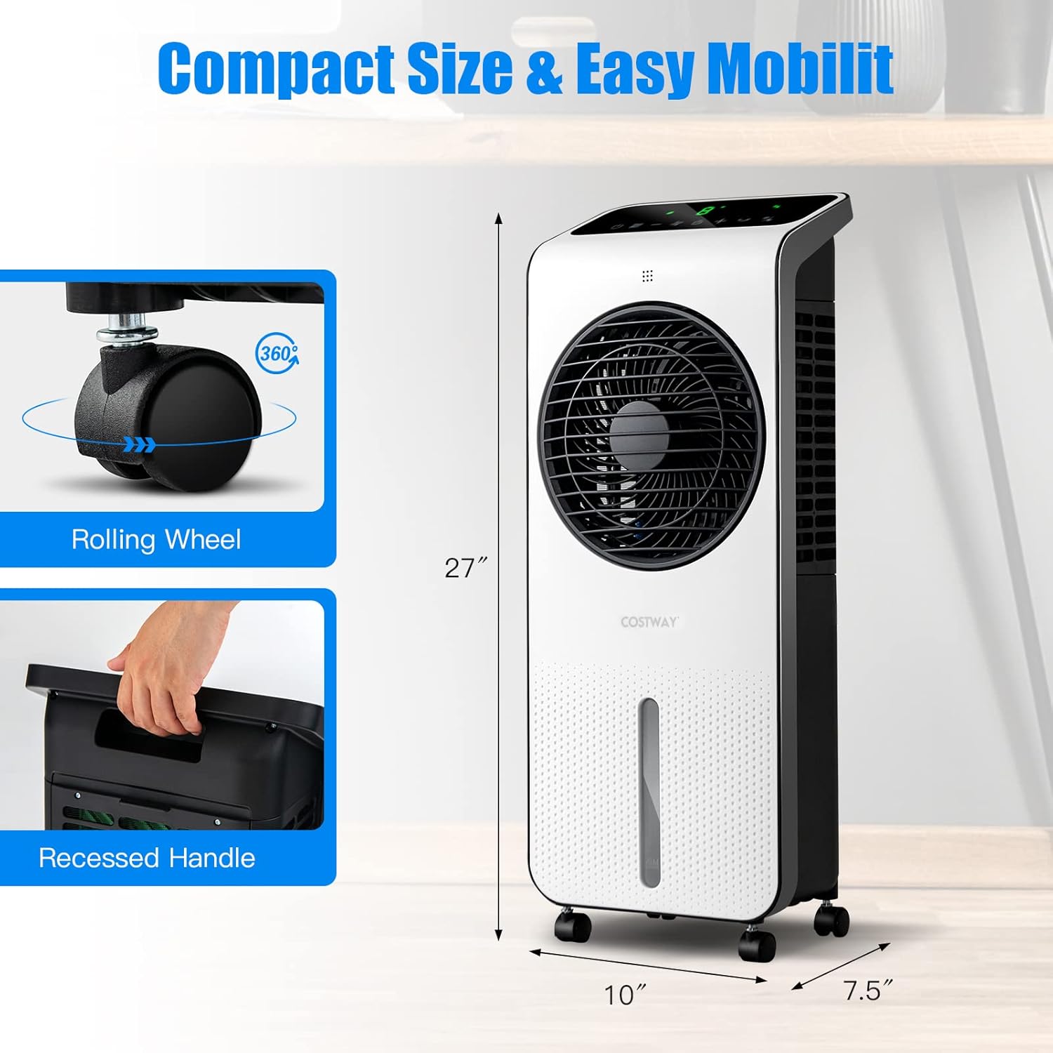 COSTWAY Portable Evaporative Air Cooler, 3-in-1 Swamp Cooler w/Remote Control, 360° Rotating Fan Blade, 3 Modes, 12H Timer, 2 Ice Packs