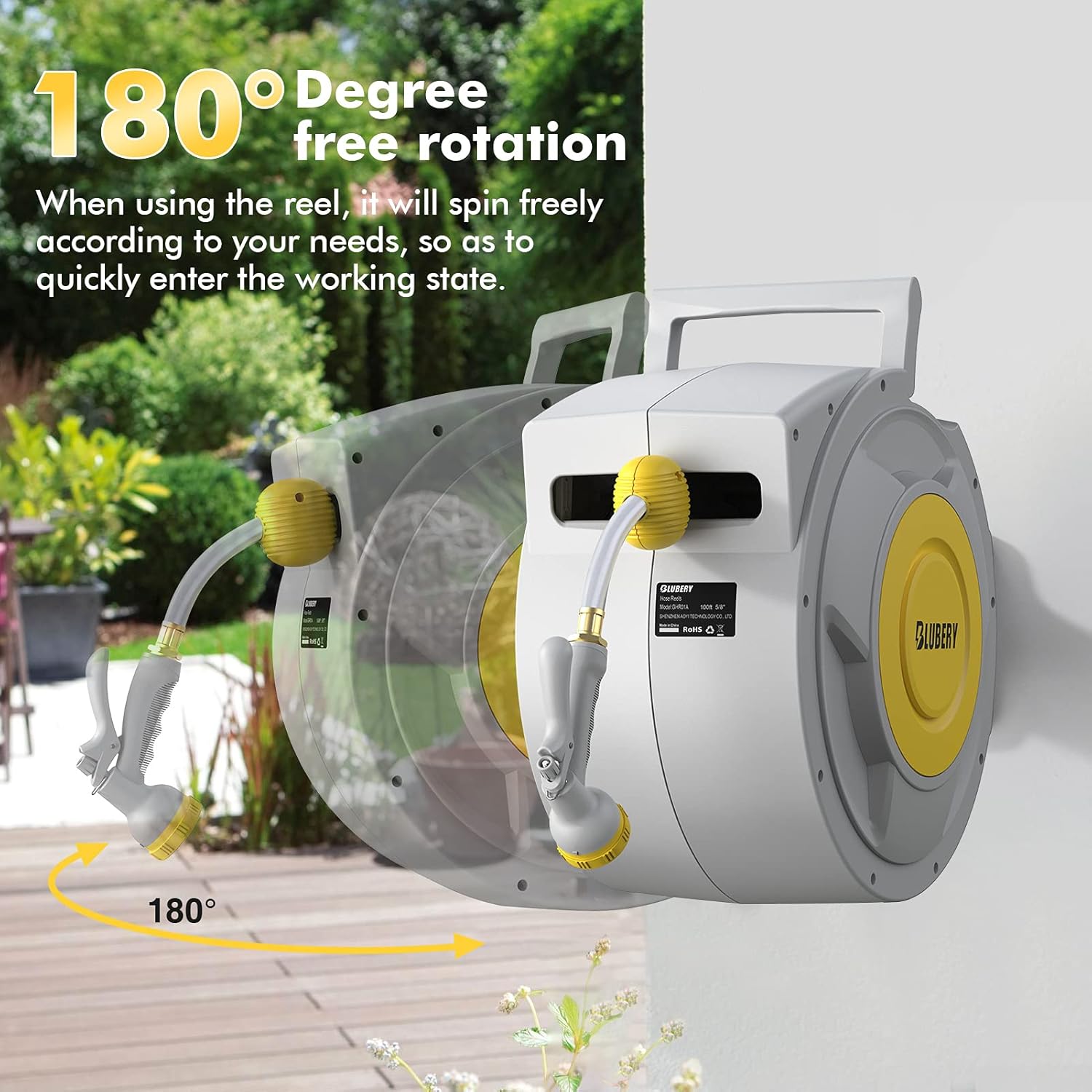 BLUBERY Retractable Hose Reel, 5/8" x 100+6.7 ft Retractable Garden Hose Reel with 8 Pattern Spray Nozzle, Any Length Lock, 180° Swivel Bracket