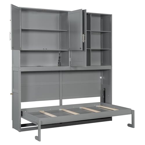 SOFTSEA Twin Size Murphy Bed Frame with Storage Cabinet and Shelves, Foldable Wall Bed with Light & USB for Guest Room, No Box Spring Needed, Gray