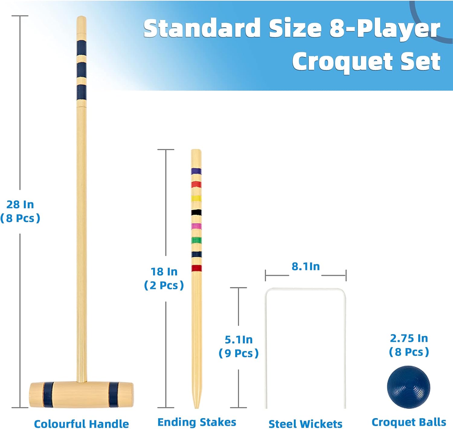 SpeedArmis 8 Players Croquet Set with 28In Pine Wooden Mallets, Colored PE Ball, Wickets, End Stakes