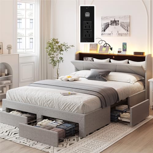 VOWNER Queen Bed Frame with Storage Headboard & 4 Drawers, LED Upholstered Bed Frame with Charging Station, Wood Slats Support No Box Spring Needed