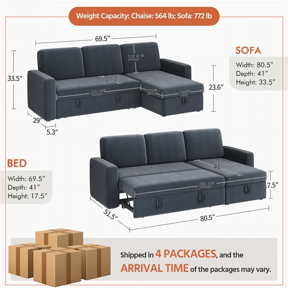Alden Design Reversible Sectional Sleeper Sofa with USB & Type-C Ports, Light Gray