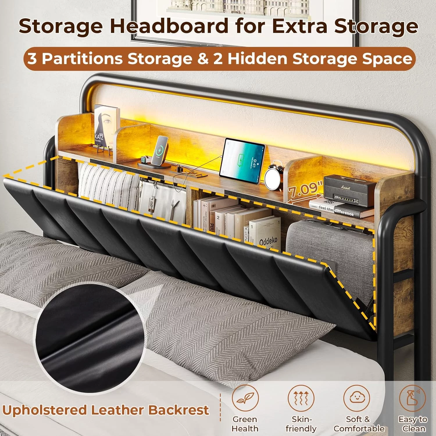 Queen LED Bed Frame with 4 Storage Drawers & Charging Station, Upholstered Headboard with Shelf & Hidden Storage Space, Heavy Steel Slat Support