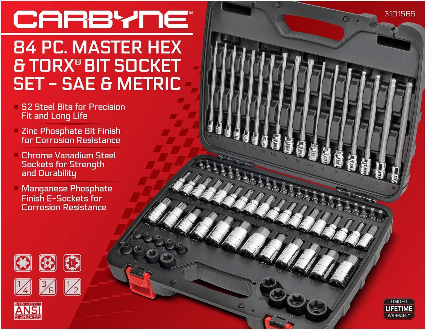 CARBYNE Master Hex & Torx Bit Socket Set, 84 Piece | SAE & Metric, S2 Steel Bits | 1/4, 3/8 & 1/2 Drive